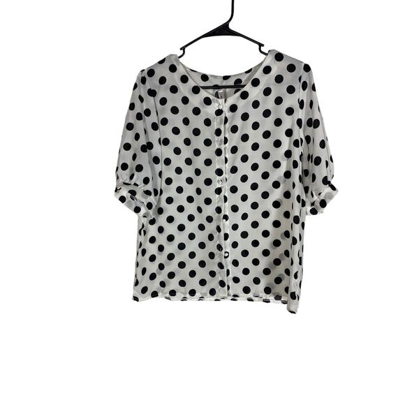 NWT Women's xiao xiao White Polka Dot Button Down Blouse Size Large - Picture 1 of 5